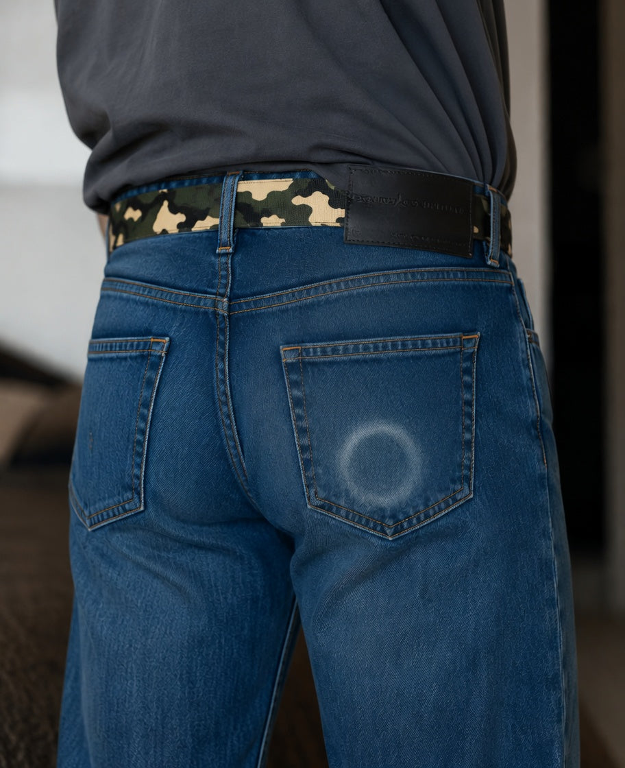 A worn ring in the back pocket of jeans from a pouch can